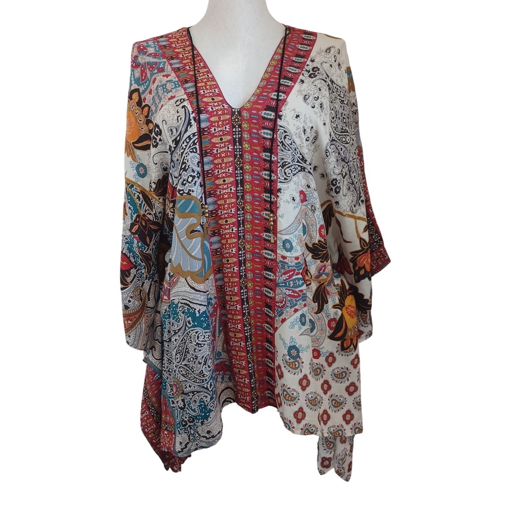 Chicos Paisley Patchwork Poncho Top V-Neck Tassel Tunic Modal Multicolor SM